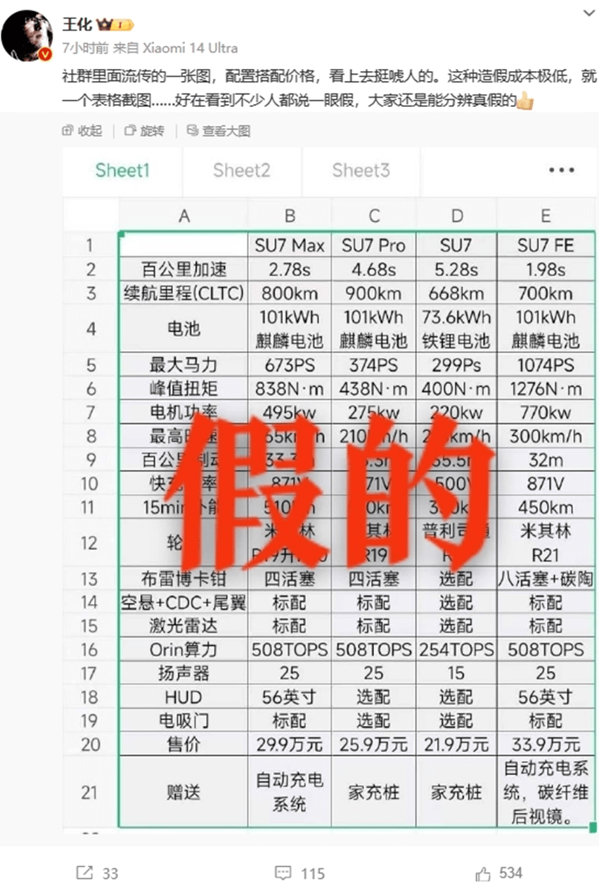 辟谣小米SU7价格配置 辟谣小米SU7价格配置