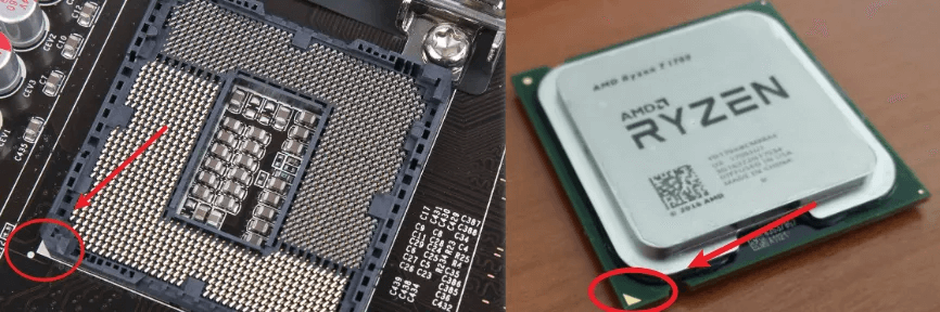 图片4.将CPU的三角指向和插槽的三角指向相互对应起来.png 图片4.将CPU的三角指向和插槽的三角指向相互对应起来.png